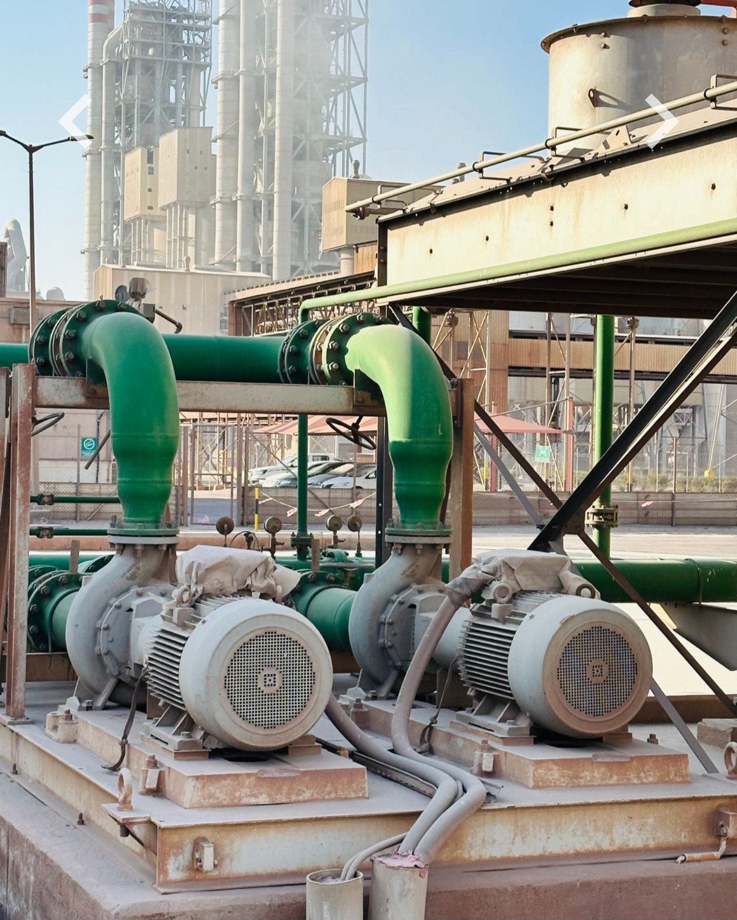 Row of motor and pump units installed in a plant pump room